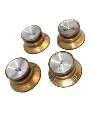 Set Gibson SG Style Knöpfe aus Gold-Plexi, metrisch, nicht gerändelt, Silver Reflector, 2 Tone + 2 Volume