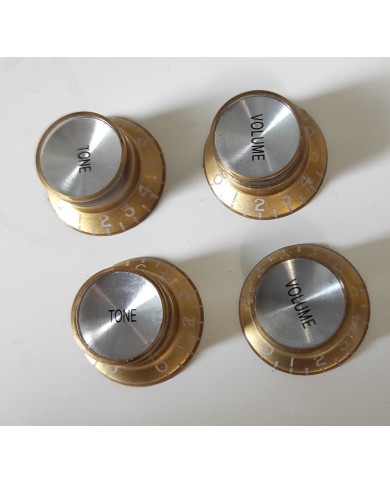Set Gibson SG Style Knöpfe aus Gold-Plexi, metrisch, nicht gerändelt, Silver Reflector, 2 Tone + 2 Volume