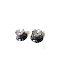 2 Boutons Noir inchSize Black Gibson Styl TopHat Knobs Tone Silver Reflector Cap