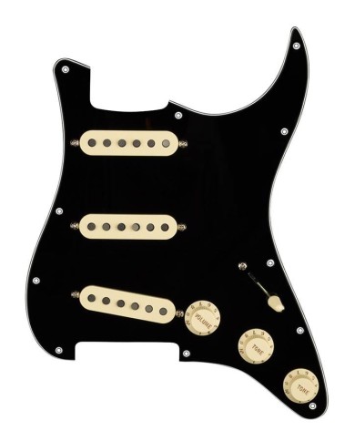 Schwarzes vorverkabeltes Fender Pickguard SSS 11H für Strat, VINTAGE NOISELESS Pickups