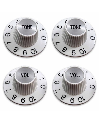 4 weiße Tone- + Volume-Reglerknöpfe Witch Hat Silver Reflector für US-Potis