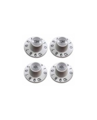4 weiße Tone- + Volume-Reglerknöpfe Witch Hat Silver Reflector für US-Potis