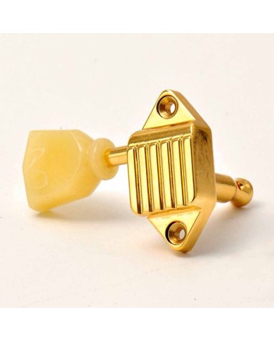6 Kluson Waffleback Mechaniken 3+3 Vintage Gold 18:1 mit Keystone Pearl Flügeln