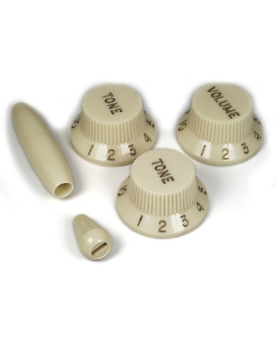 Set of Vintage Parchment Stratocaster Knobs, Gold Writing
