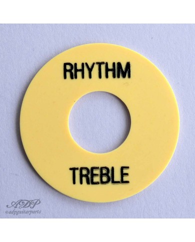 Cremefarbene Platte im Gibson Rhythm/Treble Stil, schwarze Beschriftung