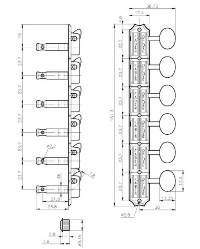 Mécaniques Faber 6 in line, round button, glossy nickel