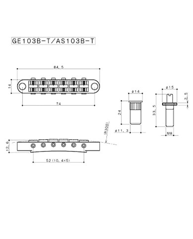 Gotoh Schwarze GE103B-T Nashville Tune-O-Matic-Brücke für LS, SG, ES, metrisch 6,4mm8M