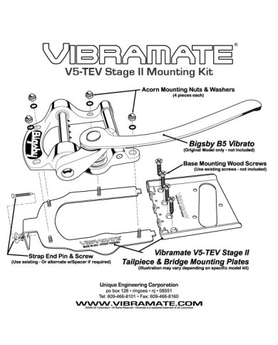 Vibramate V5-TEV Stage II Bigsby B5 Montagekit ohne Bohren für Telecaster mit 3 Saitenreitern (nicht enthalten)