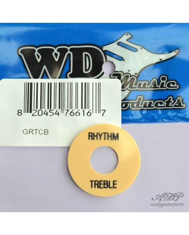 Cremefarbene Platte im Gibson Rhythm/Treble Stil, schwarze Beschriftung