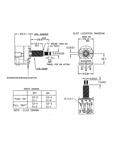CTS Push/Pull-Potentiometer Long Split Shaft 500K Audio DPDT