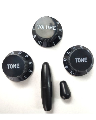 Schwarzes Stratocaster-Set: 3 UFO-Reglerknöpfe + Tremolo + Schalter, metrisch