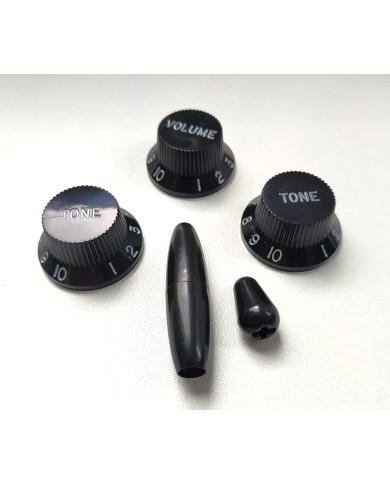 Schwarzes Stratocaster-Set: 3 UFO-Reglerknöpfe + Tremolo + Schalter, metrisch