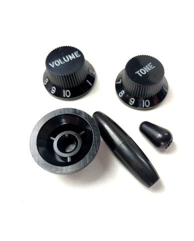 Schwarzes Stratocaster-Set: 3 UFO-Reglerknöpfe + Tremolo + Schalter, metrisch