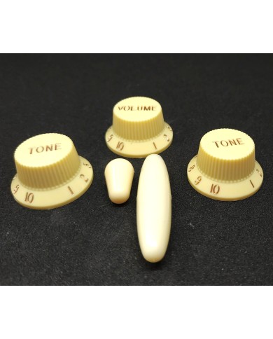 Cremefarbenes Stratocaster-Set: 3 UFO-Reglerknöpfe + Tremoloarmkappe + Schalterkappe, metrisch
