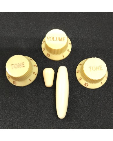 Cremefarbenes Stratocaster-Set: 3 UFO-Reglerknöpfe + Tremoloarmkappe + Schalterkappe, metrisch
