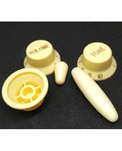 Cremefarbenes Stratocaster-Set: 3 UFO-Reglerknöpfe + Tremoloarmkappe + Schalterkappe, metrisch