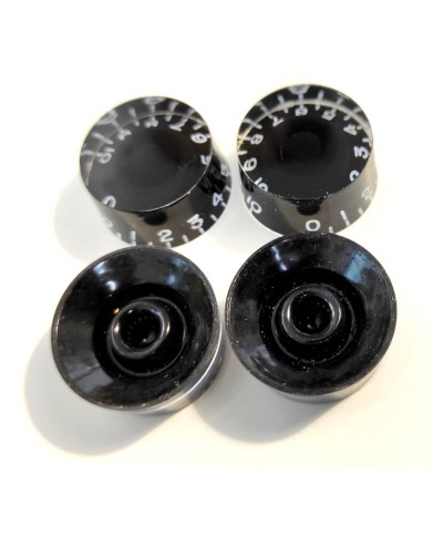 4 Speed Knob Knöpfe im Gibson LP SG Plexi Stil, schwarzer Untergrund, NICHT Bass, metrisch, 18 Splines