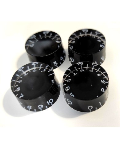 4 Speed Knob Knöpfe im Gibson LP SG Plexi Stil, schwarzer Untergrund, NICHT Bass, metrisch, 18 Splines