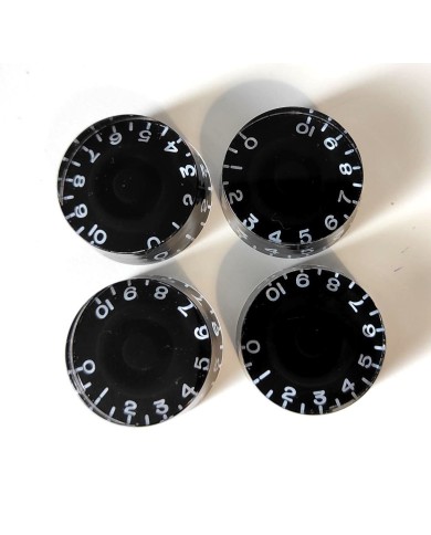 4 Speed Knob Knöpfe im Gibson LP SG Plexi Stil, schwarzer Untergrund, NICHT Bass, metrisch, 18 Splines